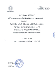 ATEX Evaluation Report from BV: WISDOM LAMP 3 series all in one miner's cap lamps