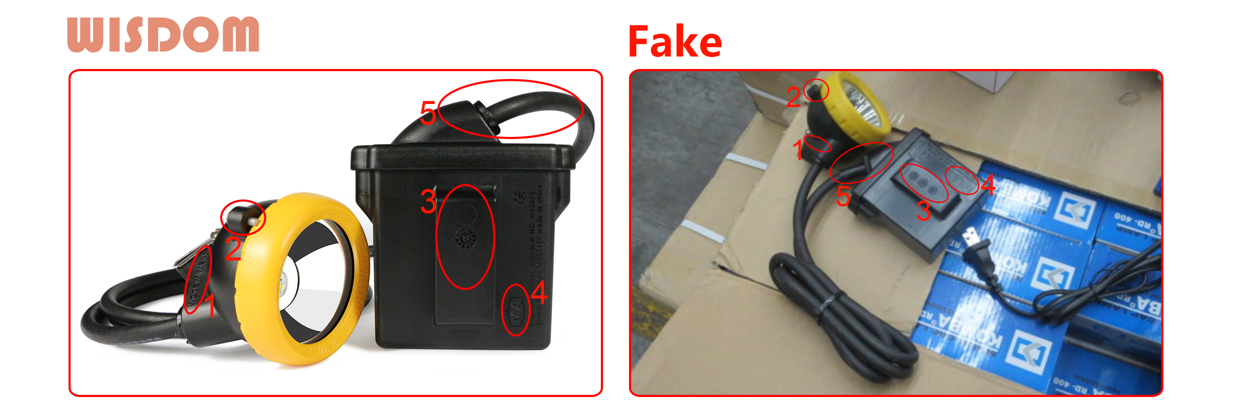 Detailed Comparison Chart between WISDOM KL8M Mining Cap Lamp and the Counterfeit 1