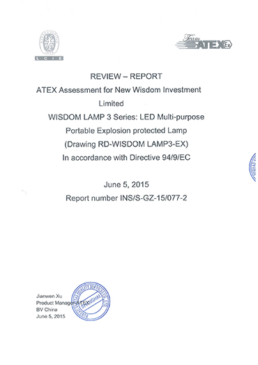 ATEX evaluation report for WISDOM LAMP3 all-in-one explosion protected cap lamps